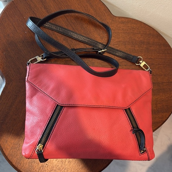 Halogen  Crossbody bag  envelope style pebbled leather  dark, coral, black trim - Picture 4 of 17